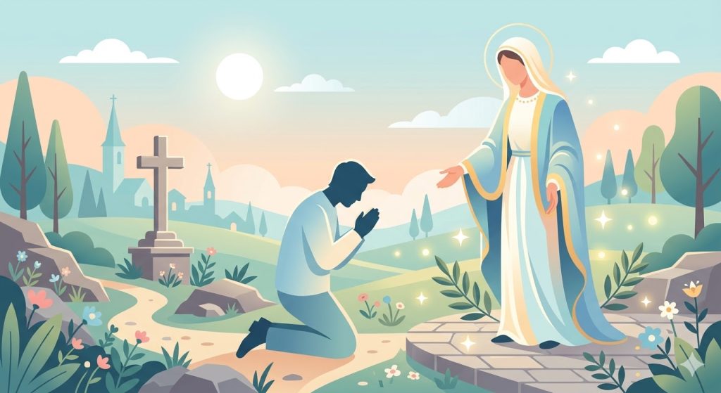 Souvenez-vous (Memorare) - une silhouette implorante agenouillée devant la Vierge qui tend la main